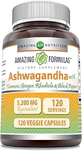 Ashwagandha Ashwagandha Supplation 包含着Turmeric, Ginger, Rhodiola, & Black Pepper 5200 Mg Per service QQ Veggie Capsules Non-GMO QQGluten-free QQQ 在美国制造(1Pack QQ 120 Counts).