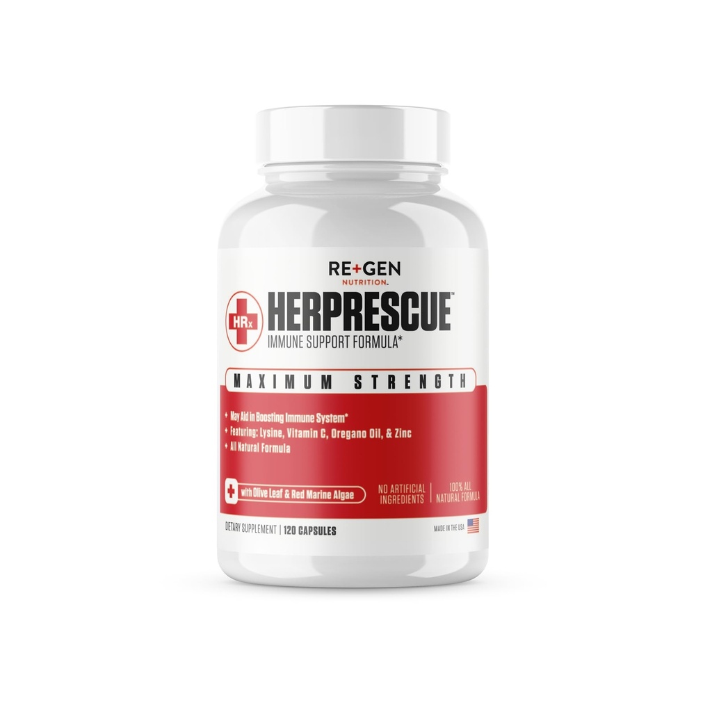 Re+Gen 营养 HERPRESCUE 爆发支持补充,成人冷热护理,天然甲状腺素 w/Zinc,维生素 C, & L 氨基酸促进免疫健康,120个甲状腺素