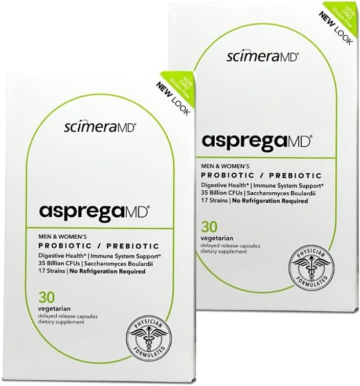 Asprega 30CT - Probiotic + Prebiotic Supplement QQ 17 Strains,35亿 CPUs 延迟释放 QQ Saccharomyces Boulardii 男与女 由ScimerAMD, 2-Pack