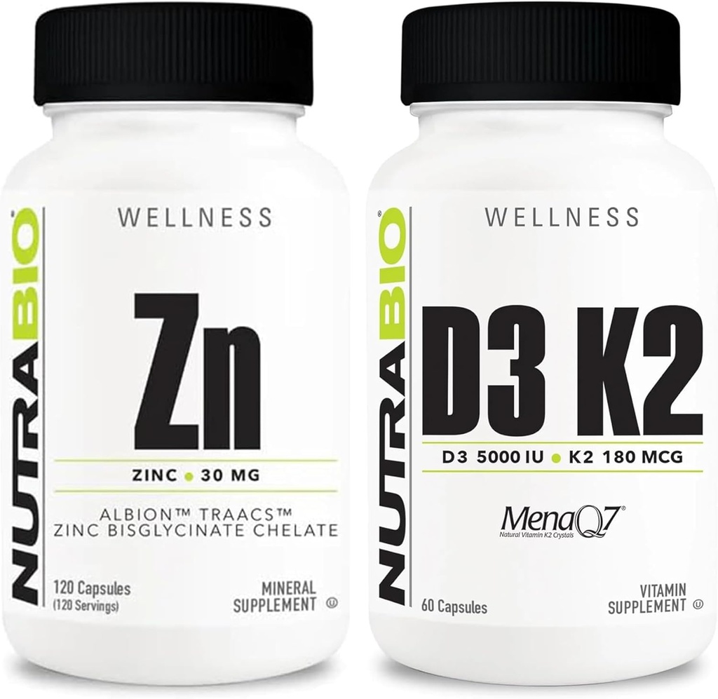 NutraBio Zinc Chelate和维生素D3 K2 矿物补充剂 -- -- 有助于适当增长、发展、免疫系统以及骨骼和心脏健康