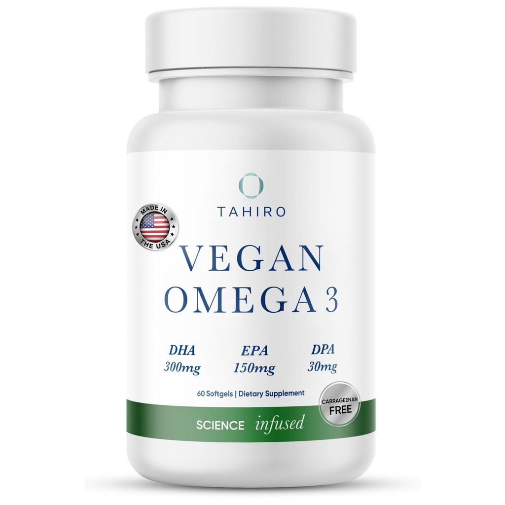 TAHIRO Vegan Omega-3 Softgels - Plant-Based Supplement with DPA, DHA & EPA - Nutrients for Men, Women and Pregnant Women - Supports Brain Health - Prenatal & Joint Supplements, 1000mg