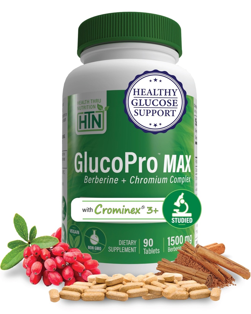 Health Thru 营养 GlucoPro Max - 1500mg Berberine,Chrominex + Chromium, 1000mg 肉桂 → Vegan, Non-GMO, Gluten Free → 90 包装