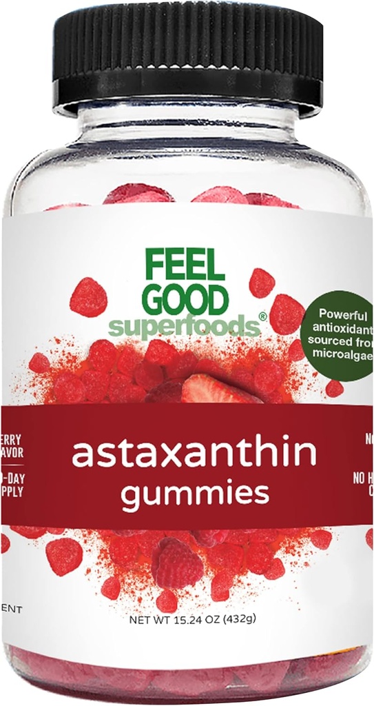 Feel Good Superfoods Astaxanthin 补充品, 6mg 抗氧化剂 Gummys 用于皮肤和眼部健康, Berry Flavor, Vegan, Non-GMO, 60 Counter