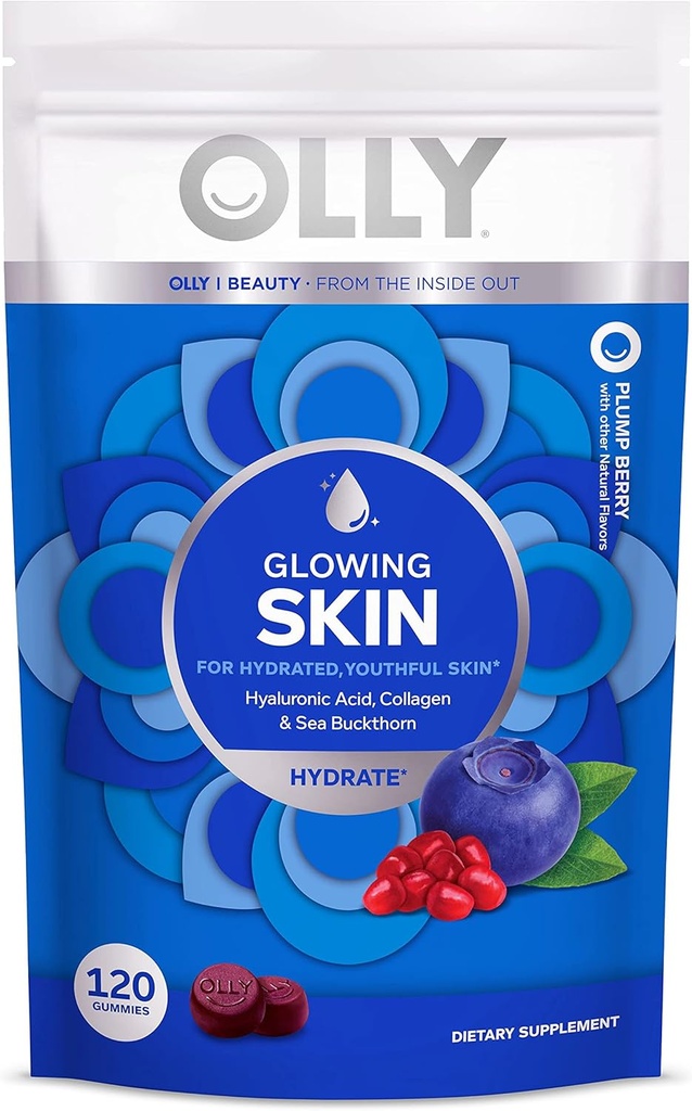 OLLY Glowing Skin Collagen Gummy, 液化,青春皮肤, Hyaluronic Acid, Sea Buckthorn, Chewable Supplement, Berry, 60日供应 - 120 伯爵邮袋(6包)