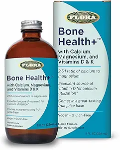 Flora Bone Health+ - Calcium & Magnesium 补充 - 提供Bone支持 - 包含维生素D3 & Vitamin K2 - Vegan & Gluten - Free - 美味水果汁碱 - 8 f. oz.