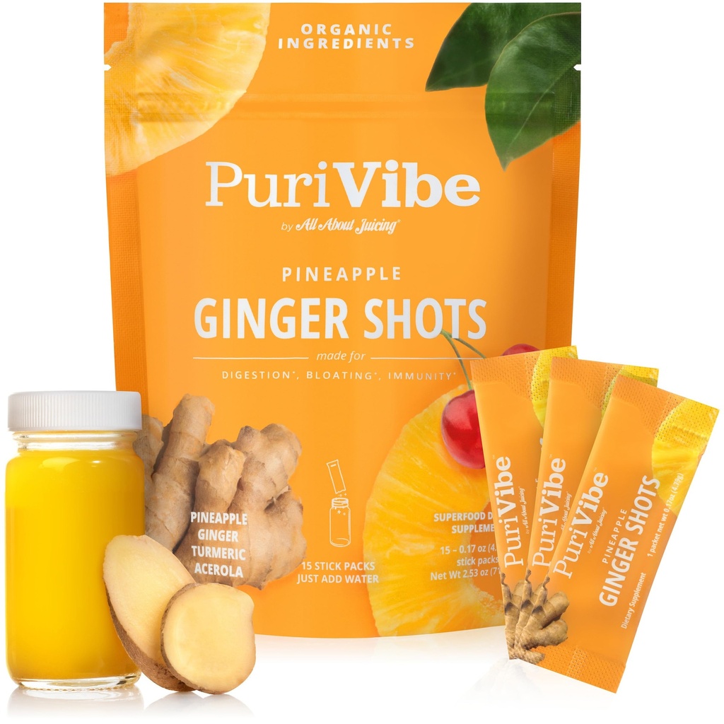 All about juiceing Ginger Shots with Pineapple & Turmeric - 超级食品汁粉 - 豁免,文摘和能源支持 - 15 Wellness Stick Packs - PuriVibe
