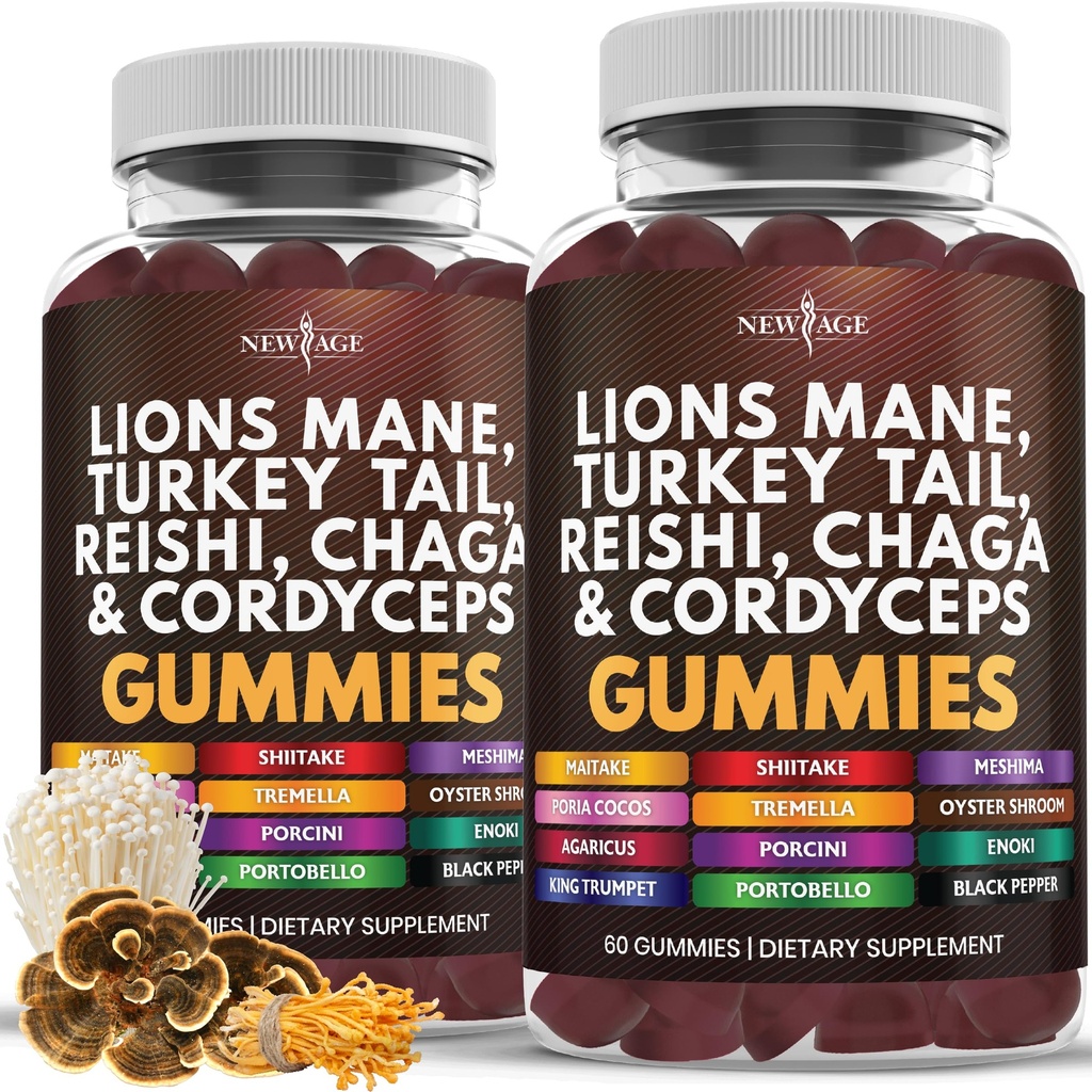 新AGE蘑菇雄狮的马内补品Gummys - 认知与免疫支持综合蘑菇补充品,与Reishi, Cordyceps - 120 Counter