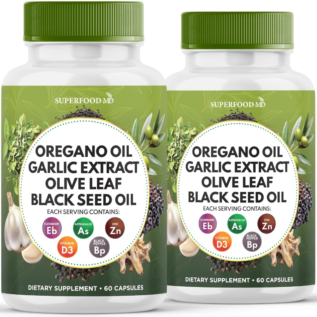 Oregano Oil, Garlic 提取物, 橄榄叶, 黑种子油, Astragalus-Immune 支持和 男女消化健康补充 - 120 计数