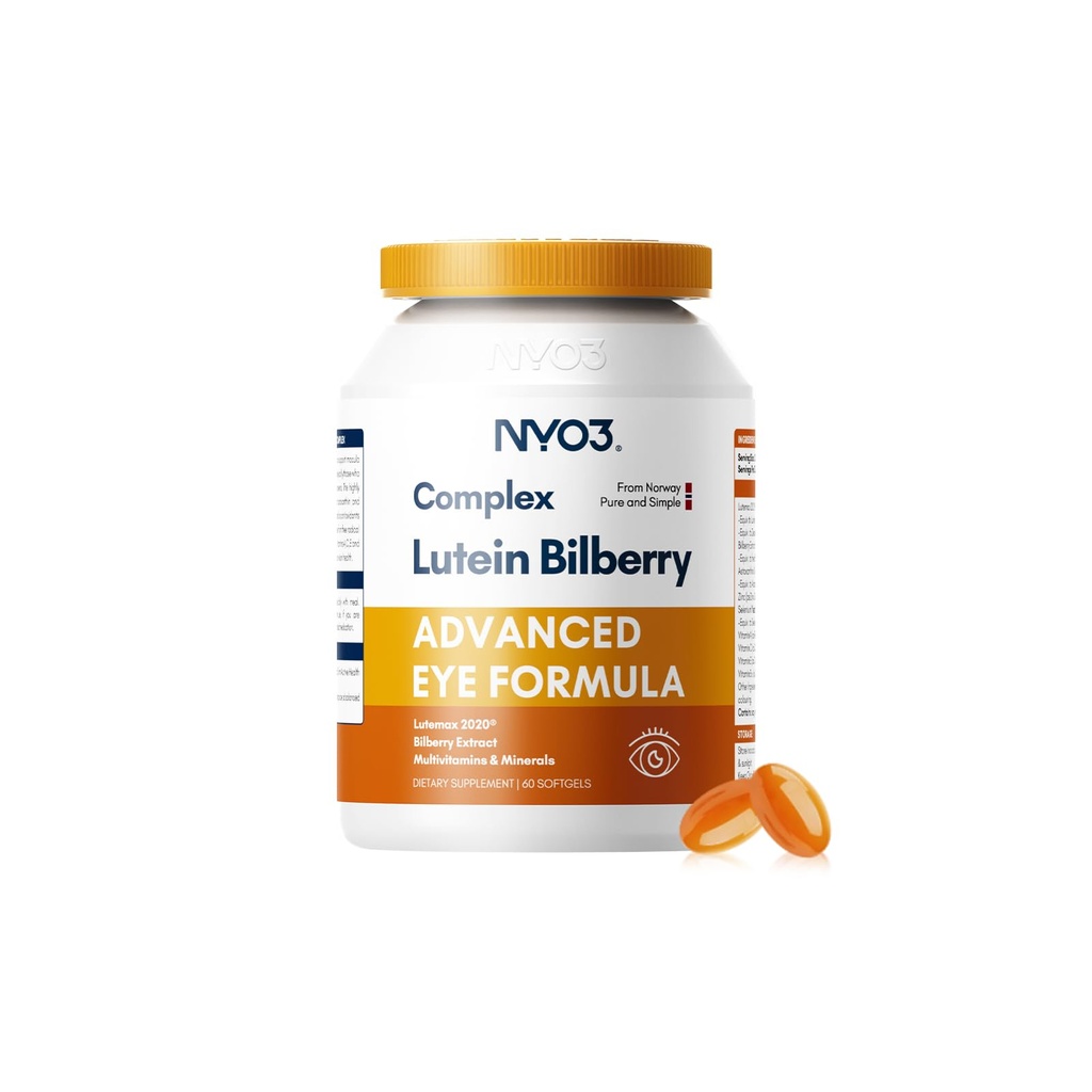 NYO3 配有Lutein和Zeaxanthin的眼维生素,配有Patented Eye公式,由NIH,Advanced Bilberry & Astaxanthin,维生素A,C,E,B12 & Minerals,眼健康与视觉保护,60软胶推荐.