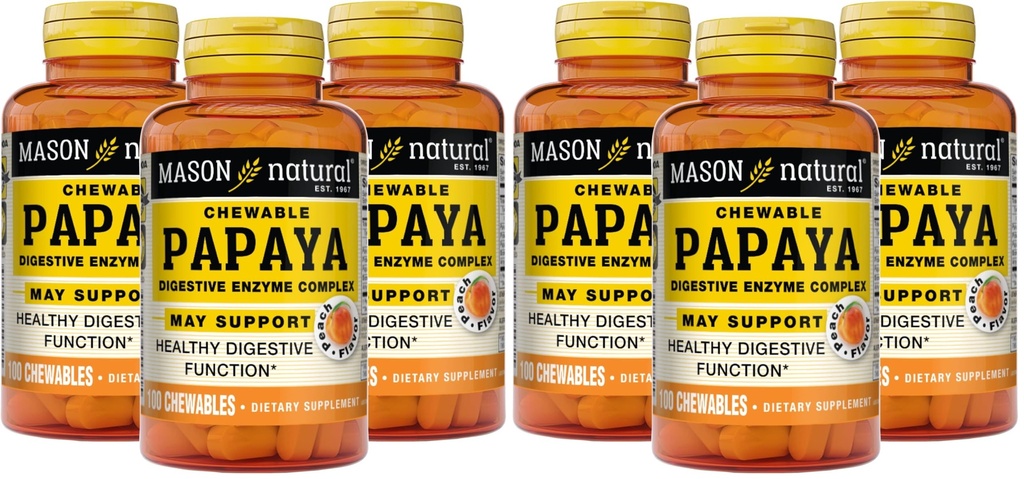 MASON NATURAL PAPAYA 消化酶复合体 - 健康消化功能,促进营养吸收,Peach Flavor, 100 Chewables (Pack of 6)