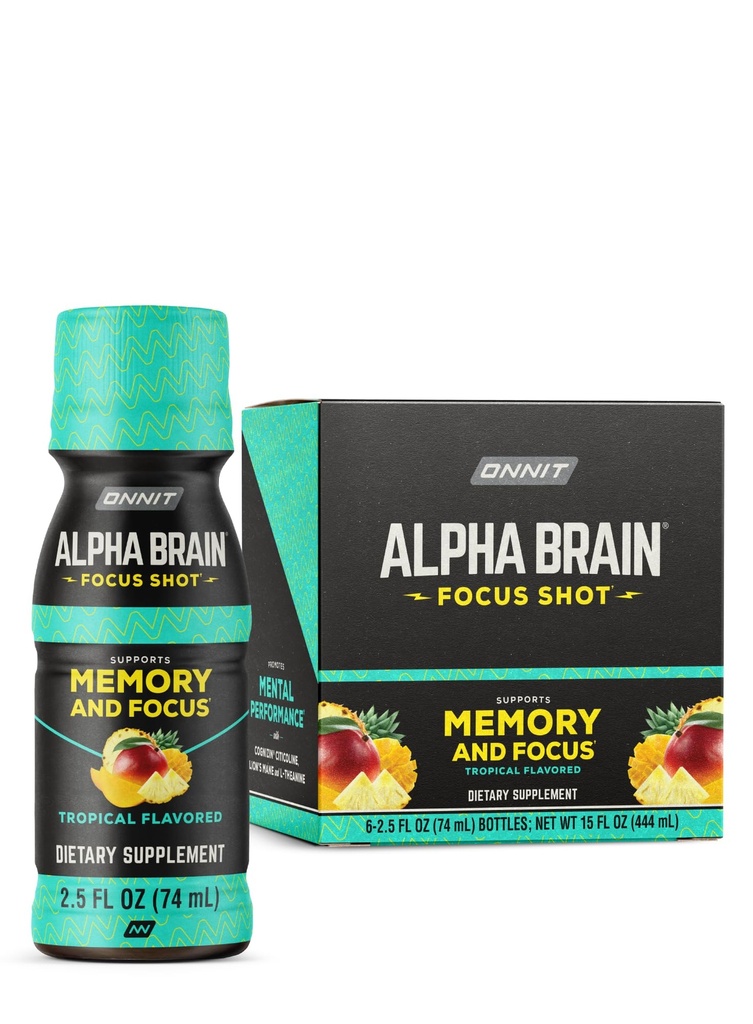 ONNIT Alpha Brain Focus Shot, Tropical Flavor, Nootropic Dietary Supplement Drink that Supports Energy, Focus, and Mood, IGEN™ Non-GMO Tested, 2.5 fl oz, 6 Count