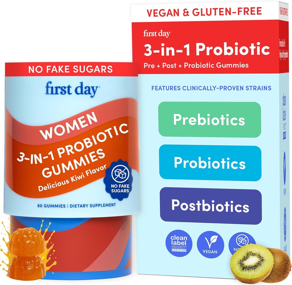 首日女性3-in-1 Probiotic Gummys – Prebiotic + Probiotic + Postbiotic 补充 – 支持文摘和口腔健康,免疫功能和能量水平 – 30日供应
