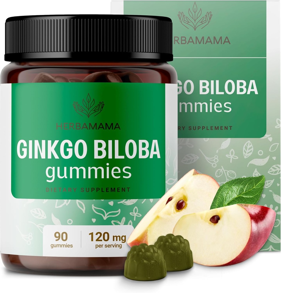 HERBAMA Ginkgo Biloba Gummys - 120mg Ginkgo Biloba Herb for Brain Support - Vegan,非GMO 脑焦点与清晰度补充 - 90 Pectin 基于苹果味的Chews