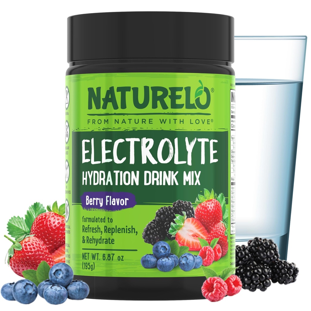 NATURELO 电解石粉、水分和矿物饮料混合剂、无糖和非GMO Berry Flavor 50 服务