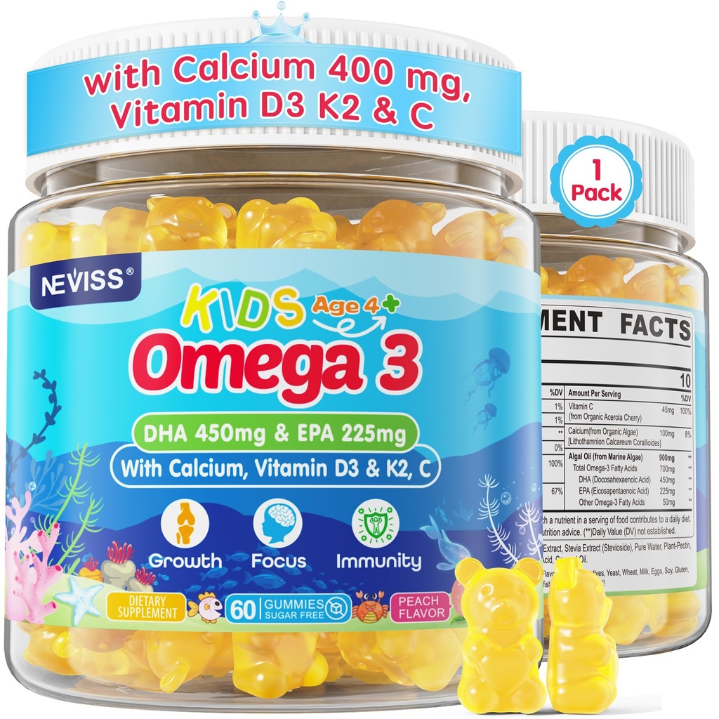 儿童 Omega 3 Gummys + Calcium 400mg + 维生素 D3 K2 + C, Omega 3 DHA & EPA 补编 - 无鱼 Burps,无糖 - 儿童与青少年 Omḛga 3 + 强骨,脑,免疫,眼,60Cts