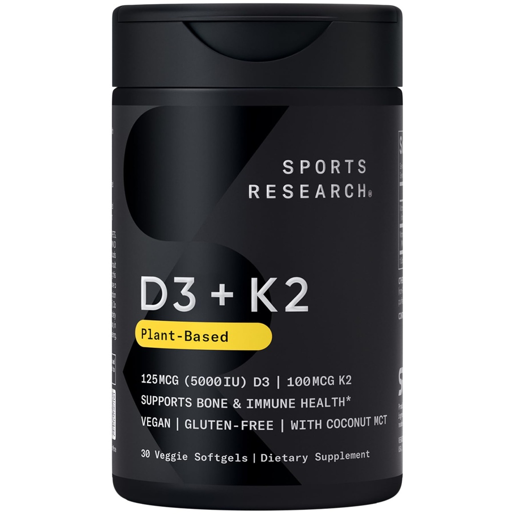体育研究 Vegan Vitamin D3 + K2 有机椰油补充剂 - 5000iu Vitamin D 配100mcg Mk7 Vitamin K - 支持钙 强骨和免疫健康 - 成人30软胶