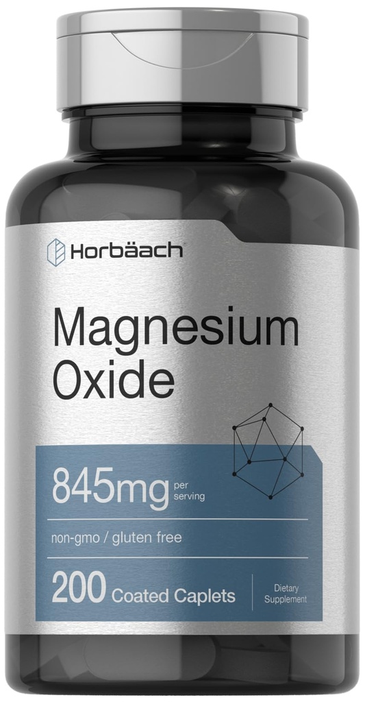 Horbäach 氧化镁 → 845 mg → 200 加热罐头 → Vegetarian, Non-GMO, 和 Gluten 免费补充品