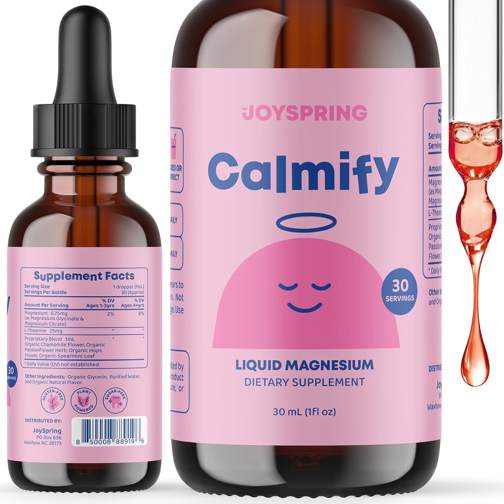 JoySpring Calmization Magnesium Citrate Liquid for Kids - 无糖,无糖,无糖-Cluten-Calming Supplement with Chamomile - 自然支持儿童(1 fl oz) 30 services