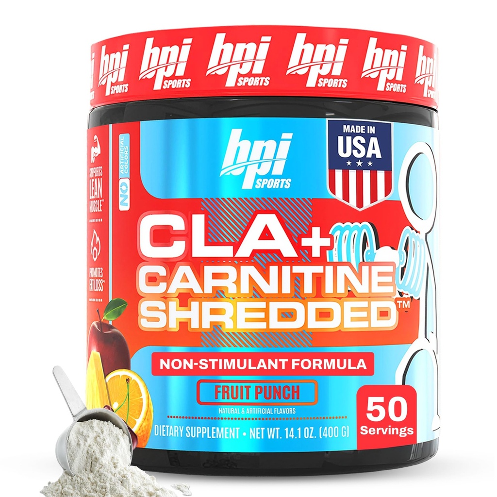 BPI Sports CLA + Carnitine Shreded - 将脂肪细胞转换成能量和支持精液肌肉,促进代谢 - 非兴奋剂 L-Carnitine 补充 - 水果扑克 (14.1 oz. / 50 services)