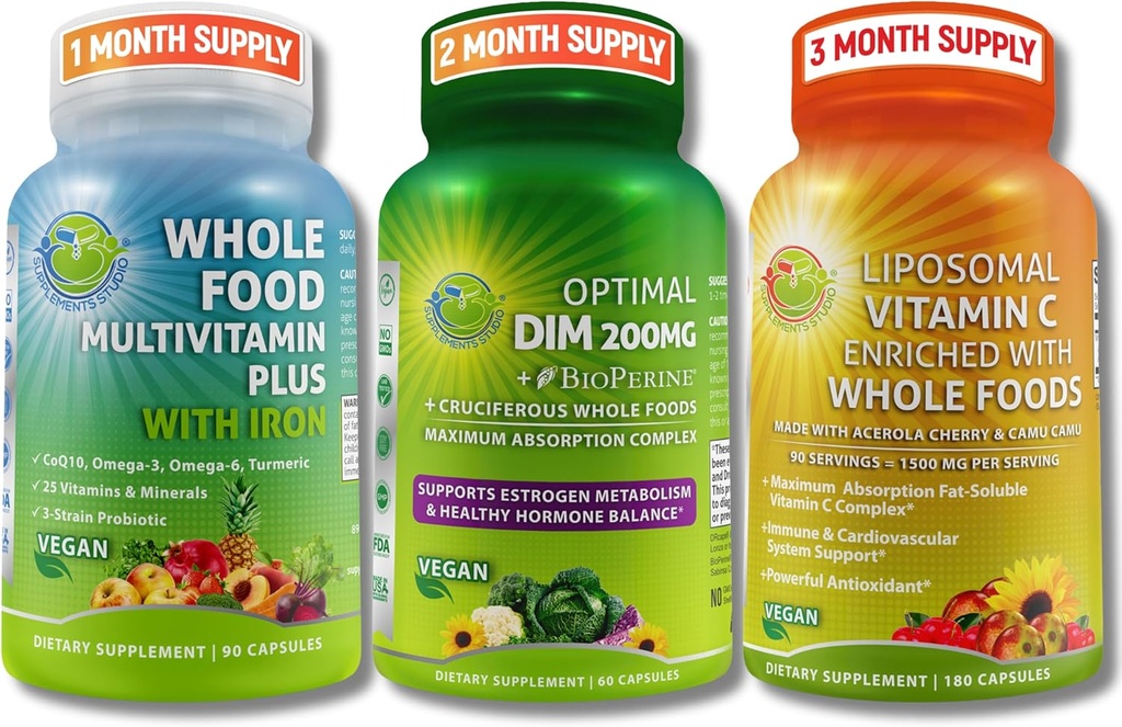 Suppments Studio Hormone平衡支持和免疫防御包 男女-最佳DIM 200mg + 全食 多维素与铁 + Liposomal 维生素 C 1500mg – Vegan,非GMO