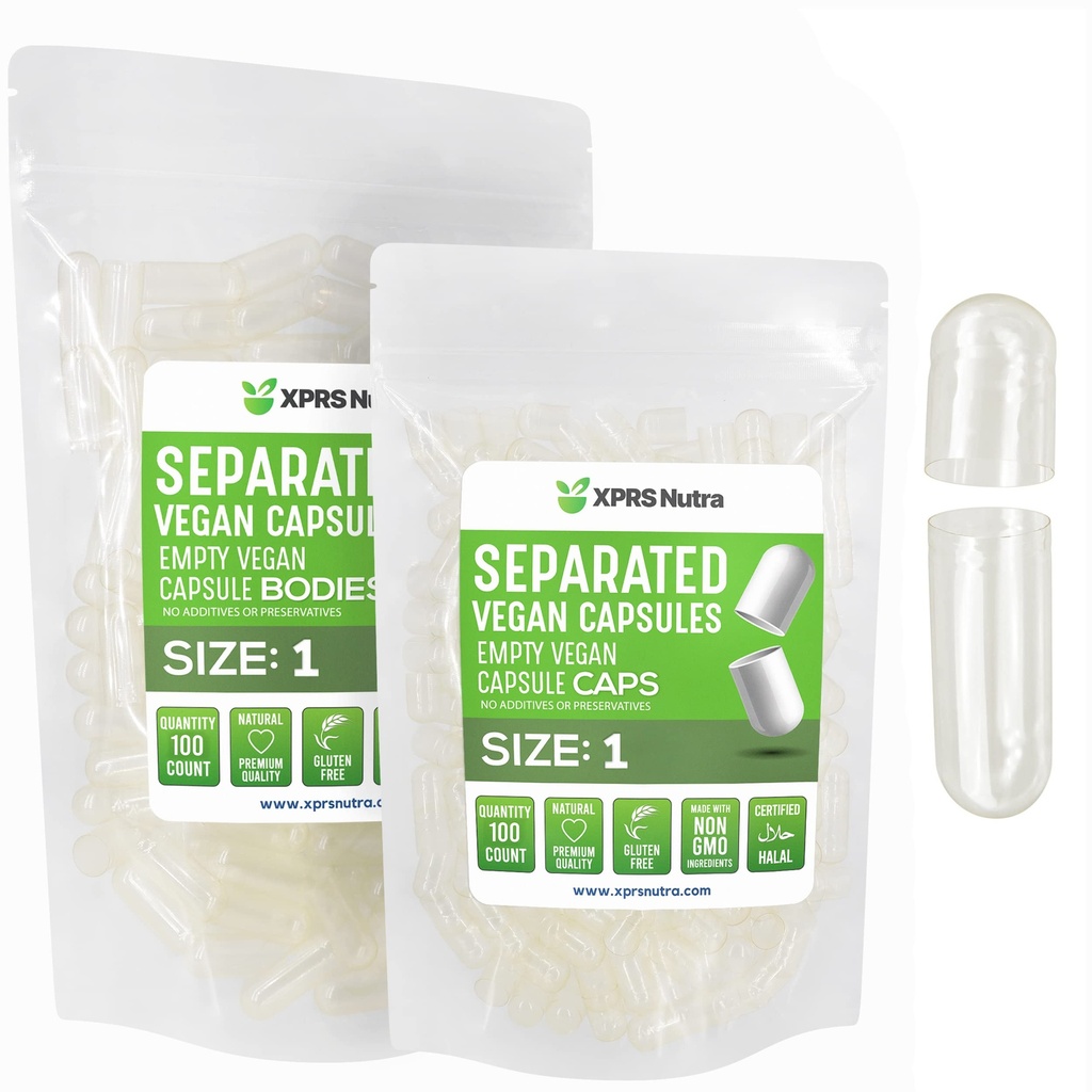 XPRS Nutra Vegan Size 1 Separated Capsules - 100 Count Clear Premium Empty Capsules Separated in Bags - Pills 1 Empty for DIY Supplement Filling