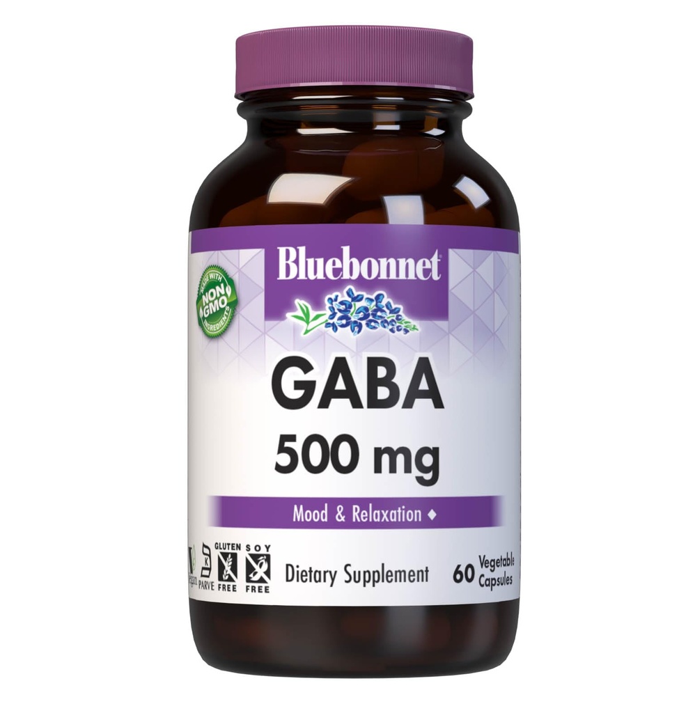 BlueBonnet营养GABA 500mg,用于减轻压力*、支持放松*、科舍尔、维冈、无糖、无豆、非GMO、60个蔬菜瓶、60个服务