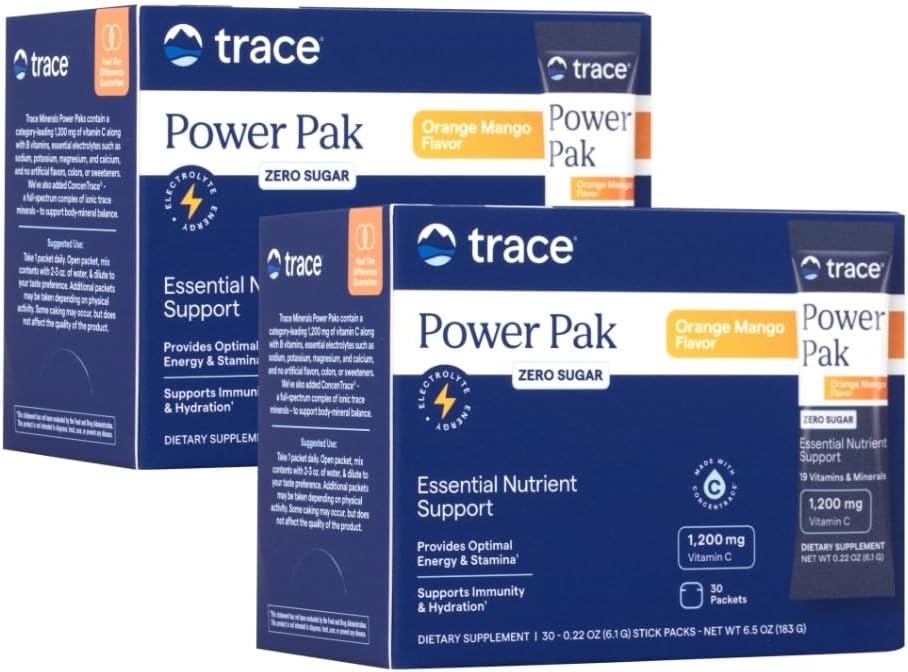 跟踪矿物 Power Pak 多维特敏和多矿类包 - 电解质支持 - 1200 mg 维生素C+ 70+ 跟踪矿物 - 无糖 - 橙芒果火焰 - 60 packets