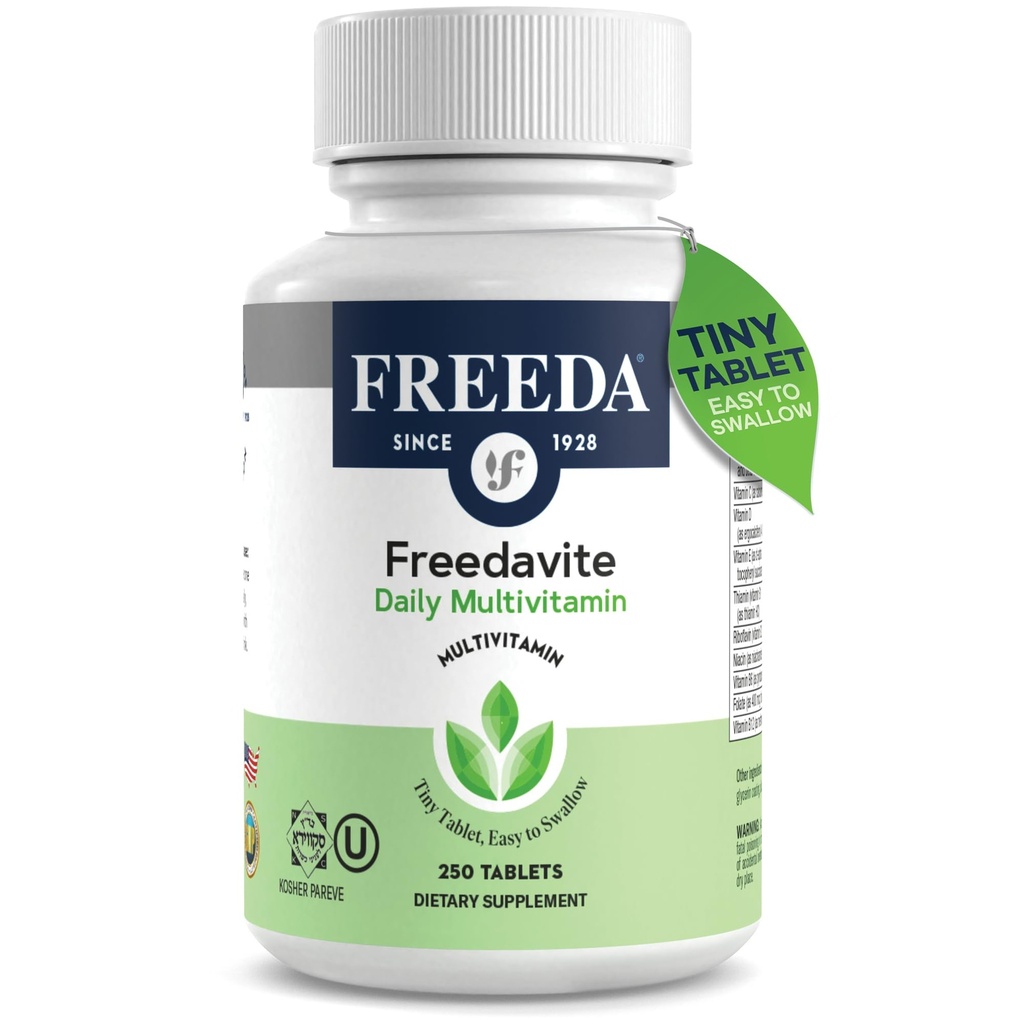 Freedavite Tiny 板块 - 男女中度多维明 - 纯维生素A,C,D,E,B1,B2,B6,B12,Biotin,钙,锌,铁,镁,曼干内塞,铜,硒,碘 - 250 计数