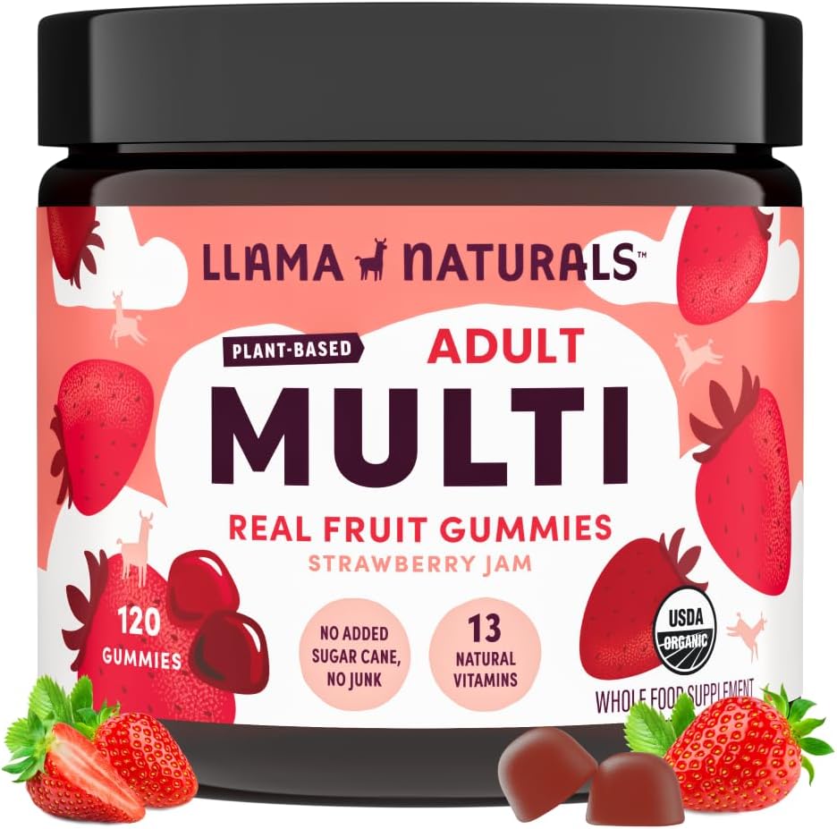 Llama Naturals Multivitamin for Women & Men, Vegan, Organic Gummies with Vitamin D, C & K, Adults Real Fruit Gummy Vitamins, Chewable Multivitamin Supplement, No Added Sugar Cane, Strawberry, 120 Ct