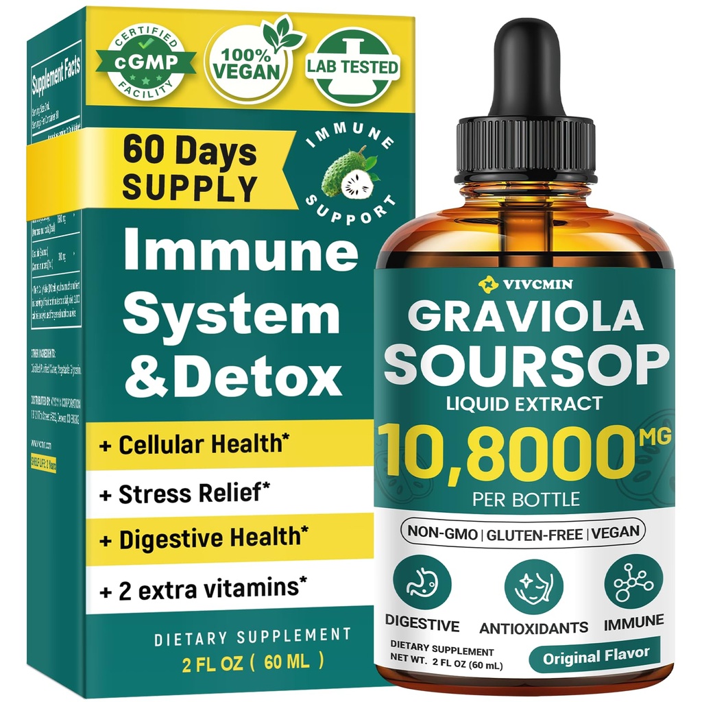 vivcmin Graviola Soursop Leaf Extract Liquid - Soursop Bitters Liquid, Support Immune, Relax, Liver and Sleep | Non-GMO, Sugar & Gluten Free, Original Flavor, 2 Fl Oz