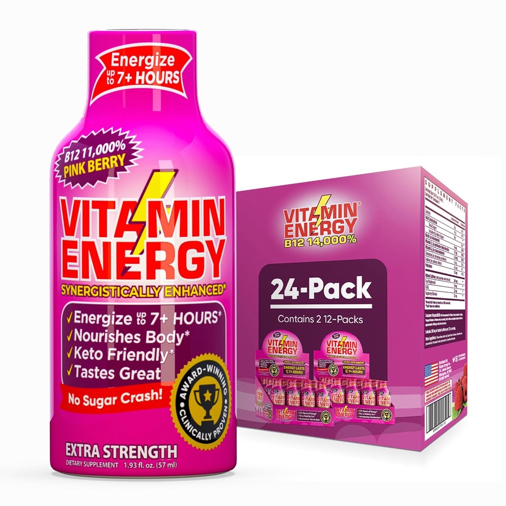 Vitamin Energy B12 11,000% Extra Strength Energy Shot Pink Berry 24 Pack, 260mg Natural Caffeine, B12 & B6, Nootropic Focus, Vitality, Zero Sugar, Gluten-Free, Vegan, Kosher, 1.93 fl oz