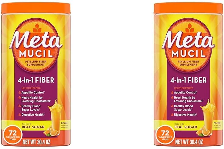 Metamucil Fiber, 4- in-1 Psyllium Fiber 配有真糖的粉末补充剂, 橙色平滑火焰饮料, 72 services (Package May Vary), 粗纹理, 1.9英镑 (Pack of 2)