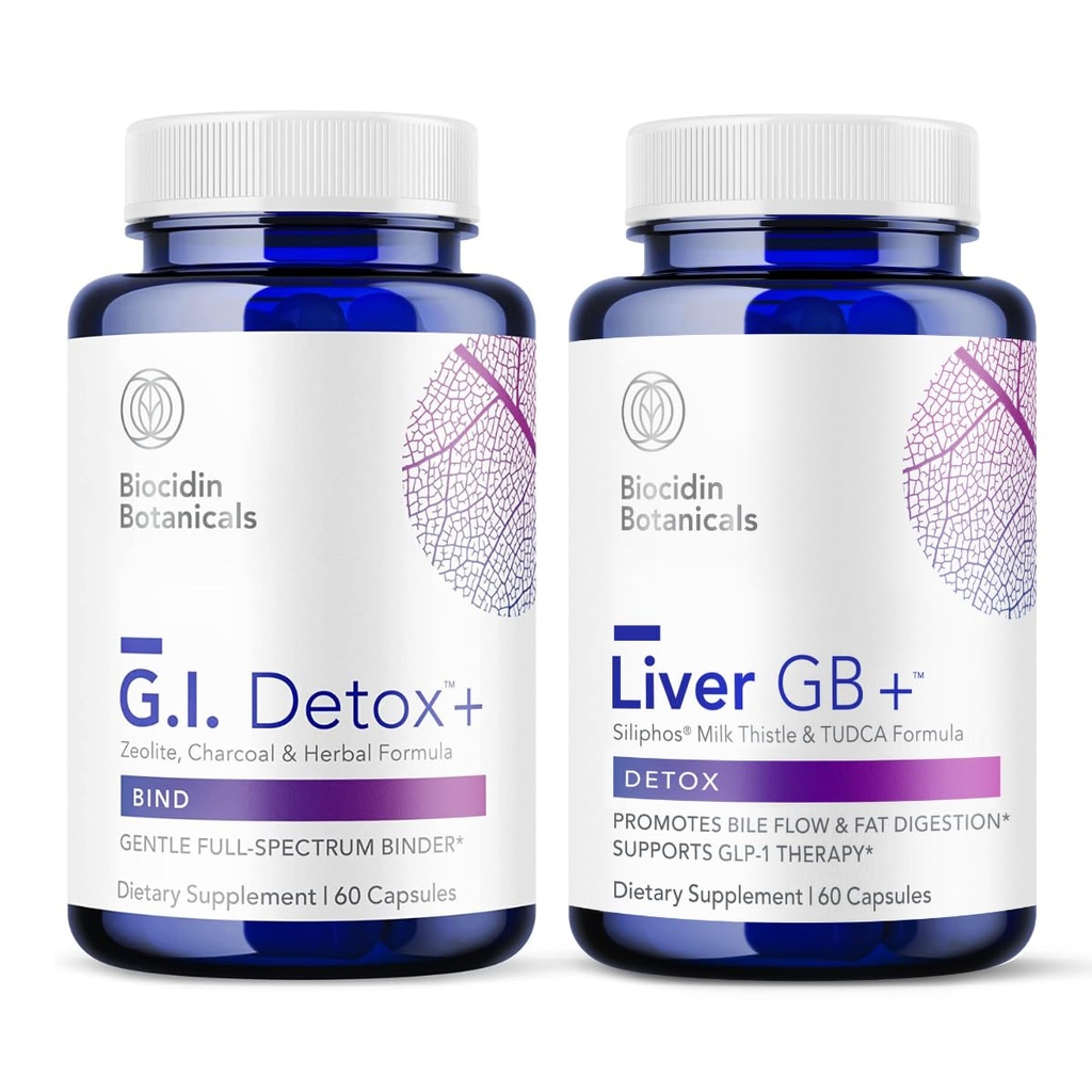Biocidin G.I. Detox+ Gentle Binder & Liver GB+ Gallbladder Liver 支持 - 帮助优化毒素清除 & Fat 文摘 - 激活的炭炭,Zeolite,TUDCA & Bitter Herbs(2种产品)
