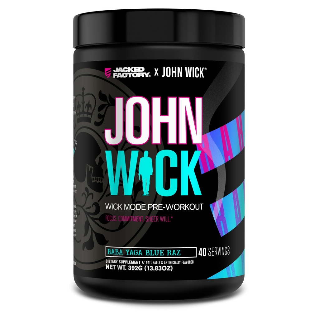 Jacked Factory X John Wick - Wick Mode Pre Workingout Powder - 敏锐的能量,战斗准备焦点,不可阻挡的承诺,以及Sheer Will - 40 services, Baba Yaga Blue Raz