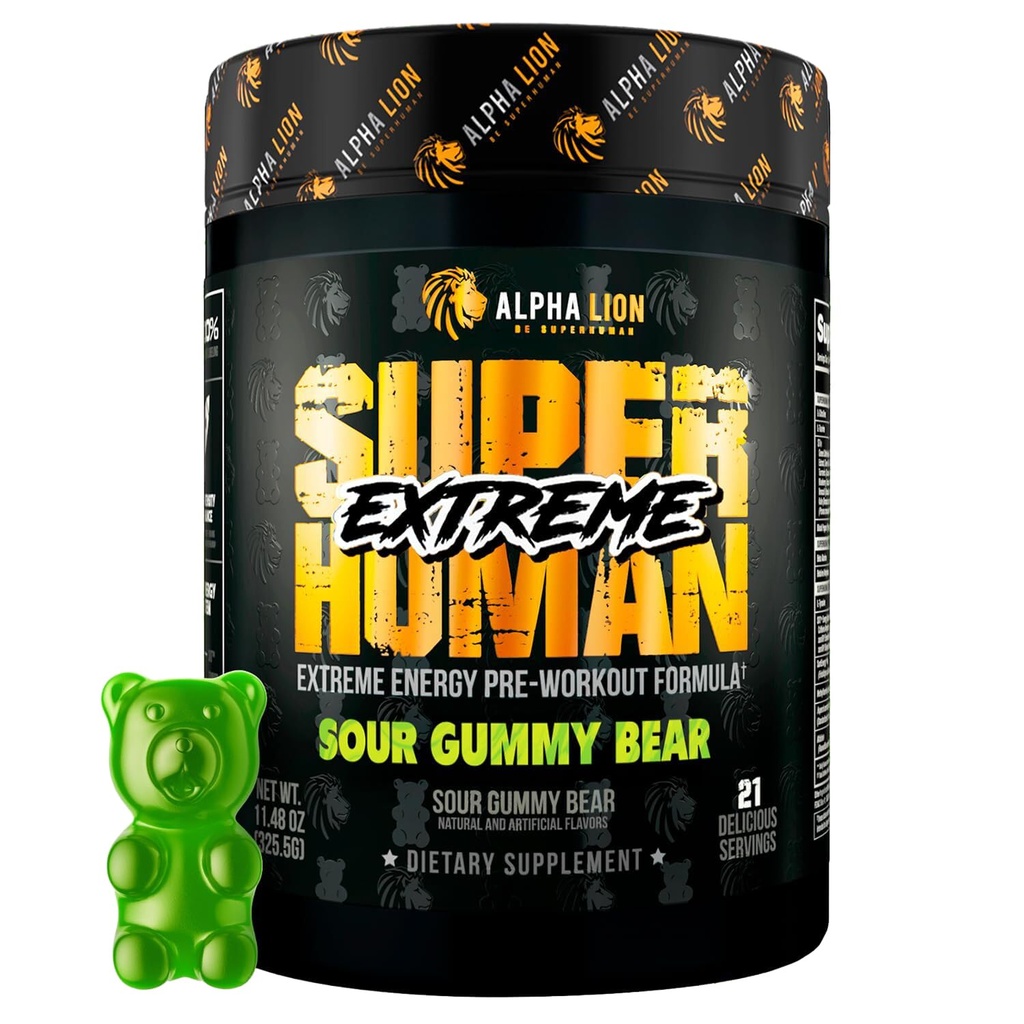 ALPHA LION 超人超高压前置工作粉,Beta Alanine,L-Taurine & 356mg 三源咖啡因用于可持续能源,Nitric Oxide & Citrulline用于泵(21位服务员,酸奶熊)