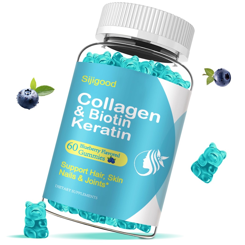 Biotin Gummies with Collagen, Keratin, Hyaluronic Acid, Vitamin for Skin, Hair Growth, Nails, Women Men Adults Kids - 60 Blueberry Flavored Gummies
