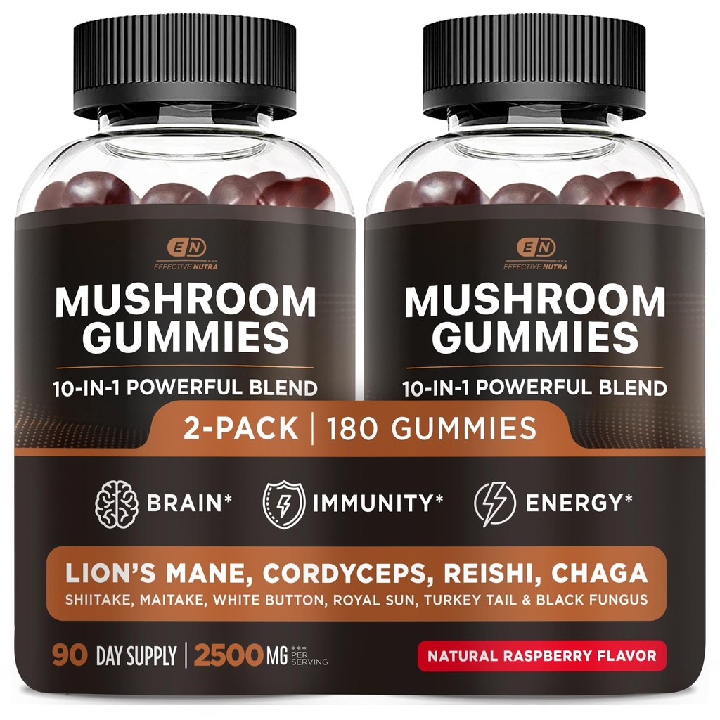 有效的NUTRA蘑菇Gummys 2500mg → 10 Blend w/Lions Mane, Reishi, Chaga, Cordyceps & More → 聚焦,记忆,豁免, 能量 + 天然贝里火焰补充 → Vegan, 在美国制造 (2-Pack)