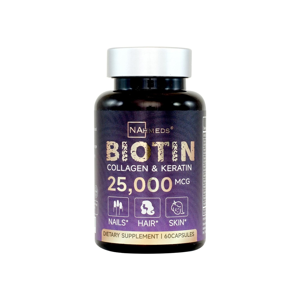 Biotin + Beauty Blend – 25,000 mcg Complex with Collagen, Keratin, MSM – Hair, Skin & Nail 支持 – Gluten-free – GMP, ISO 22000, HACCP 认证 – COA 可用 – 60 Capsules