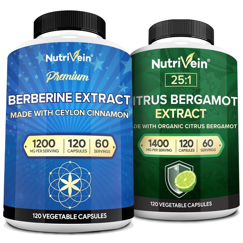 Nutrivein Premium Berberine 1200mg & Citrus Bergamot 提取 1400mg Bundle - Ceylon Cinnamon & 25:1 Bergamia 提取 - 重量管理与免疫支持+心脏健康 - 120盖