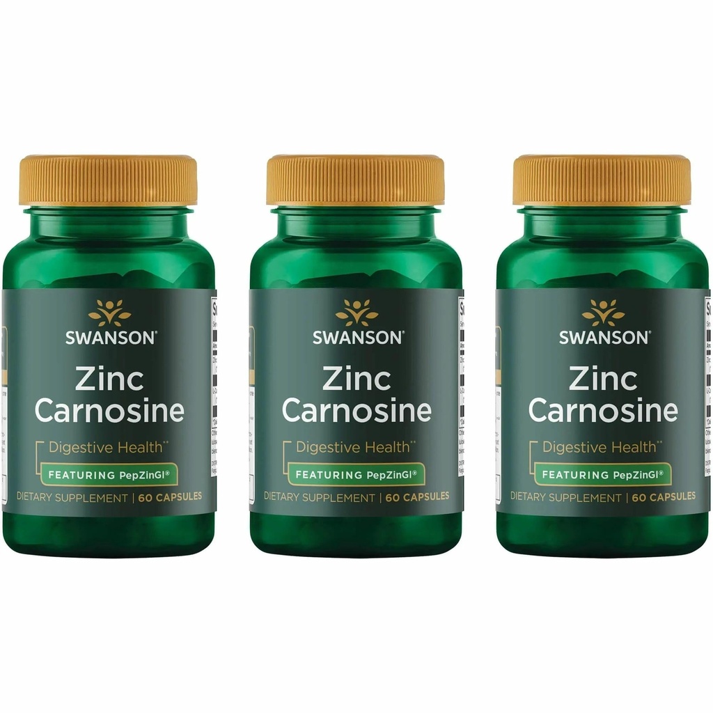 Swanson Zinc Carnosine (PepZin GI) - 促进胃健康与消化支持的自然补充 - 支持胃部的微平衡 - (60 Capsules) (3 Pack)