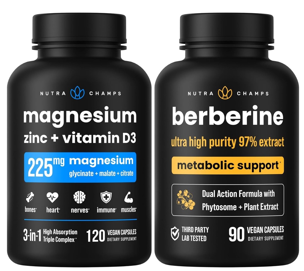 NutraChamps 完整 Bone 和 Metabolic 支持: 锌镁 D3 和 Berberine Duo