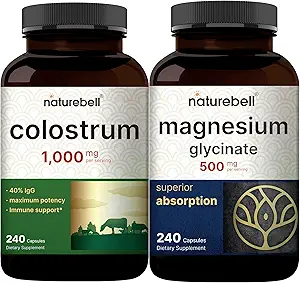 Nature Bell Magnesium Glycinate Capsules 500mg & Colostrum Capsules 1000mg Per service Bundle Pack Chelated & Puilized Minerals 草药波芬的母乳