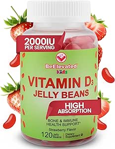 维生素D3 Jelly Beans - 为孩子提供可口味的维生素Gummys 儿童免疫支持 - 骨骼和联合支持的多维他命补充剂 - 2 000 IU蔬菜Gummy - 120 草莓火豆