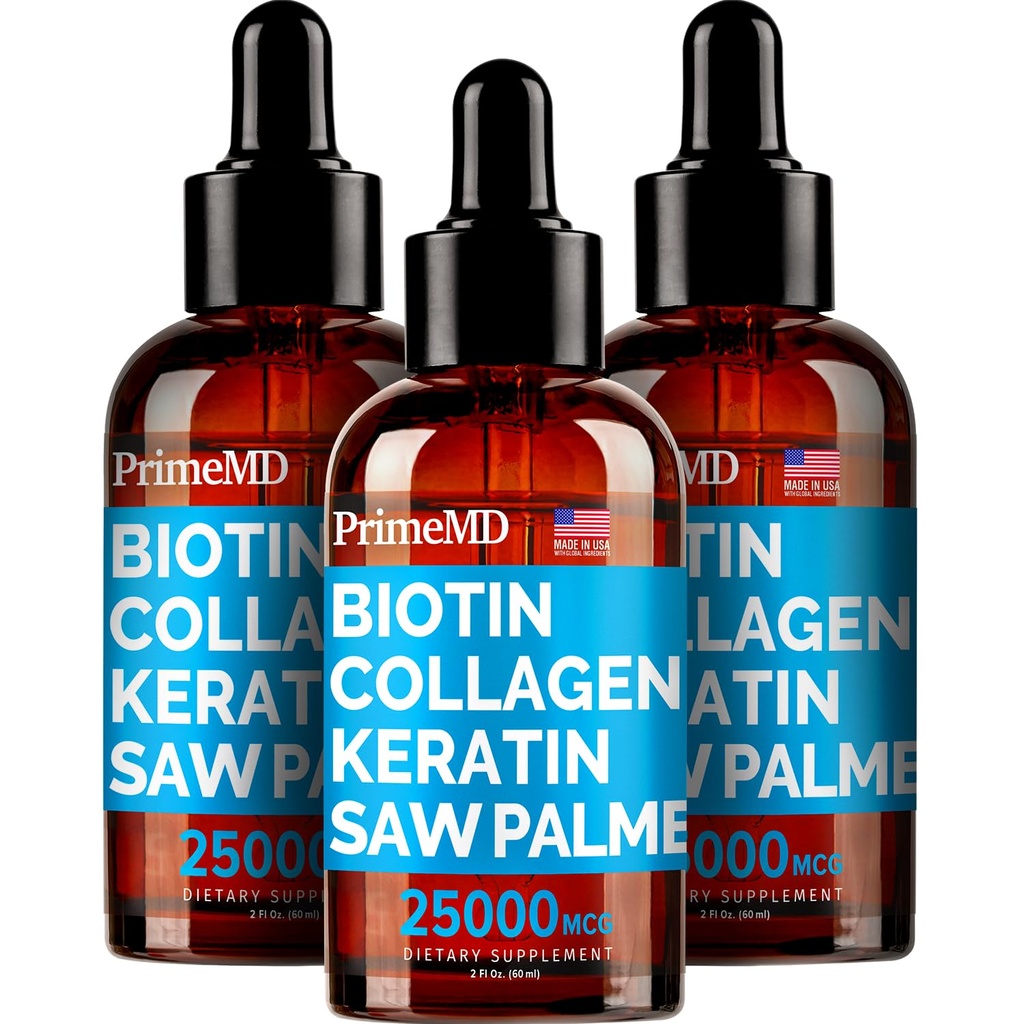 PrimeMD 4-in-1 液态生物素 Collagen Keratin Saw Palmetto Drops(3包) Bundle - 25000mcg 头发钉和皮肤维生素供女性和男性使用 - 2 Fl Oz Each, 西瓜 Flavor, Gluten-Free, 非GMO