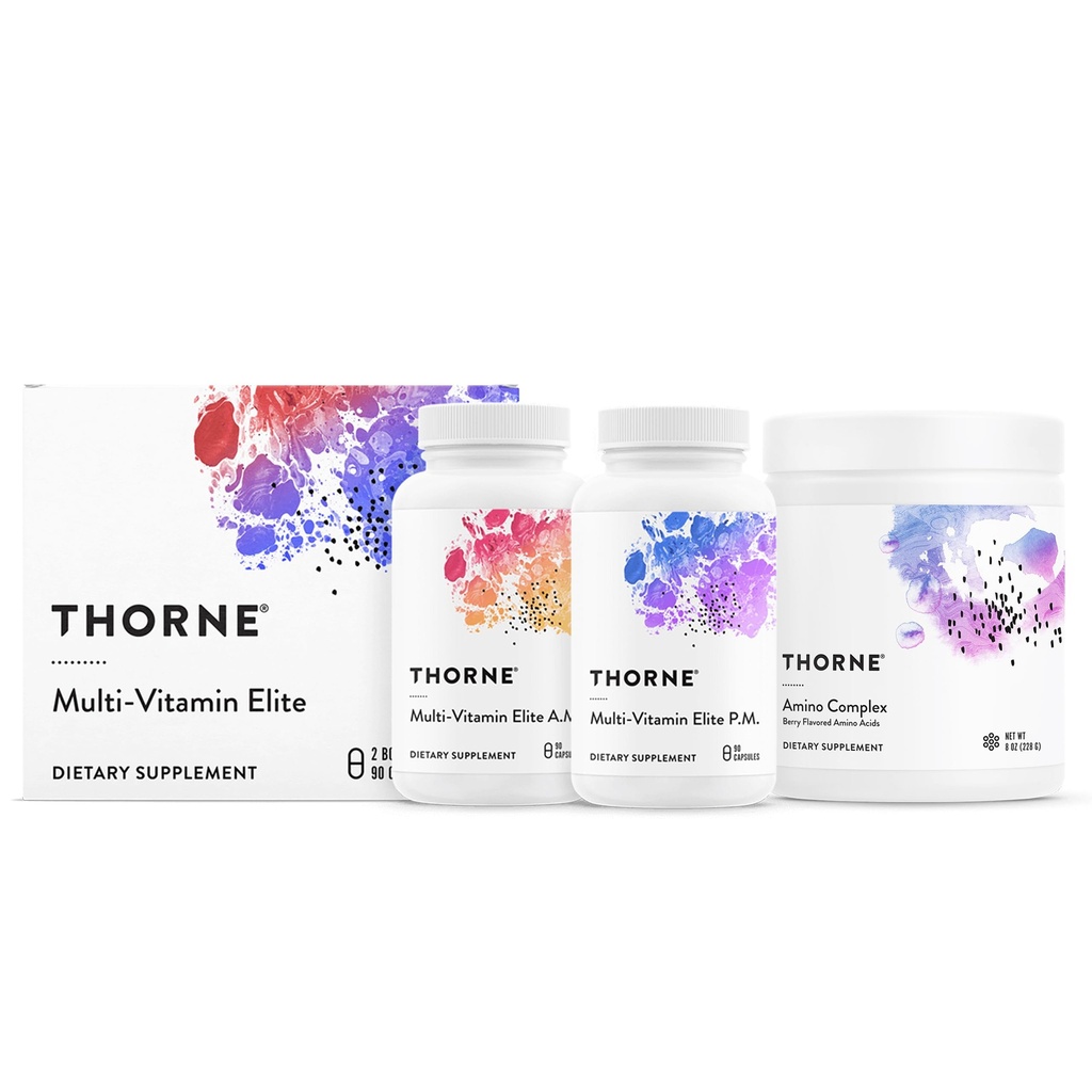 THORNE - 多维生素精英AM & PM(180 Capsules) & 氨基复合体(Berry,8 Oz) 包 - 支持能源生产和运动性能 - Gluten,奶油和无豆