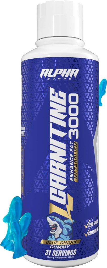 Alpha Supps L-Carnitine Liquid 3000 | Stimulant-Free Fat Burner Supplement for Men & Women | Pre-Workout Energy Boost & Muscle Recovery | Zero Sugar, Fat, & Carbs | 31 Servings (Blue Gummy)