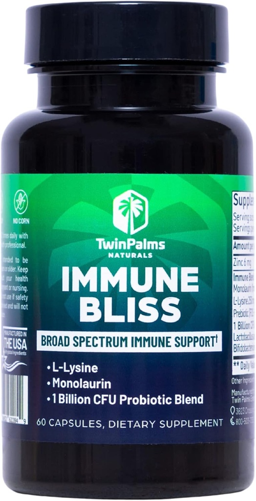 Immune Bliss - 季节性疾病的广谱日健康支持 L-Lysine Monolaurin Probiotic Blend – 提供自然防御 → Vegan Vegetarian 非 GMO → 60 Capsules