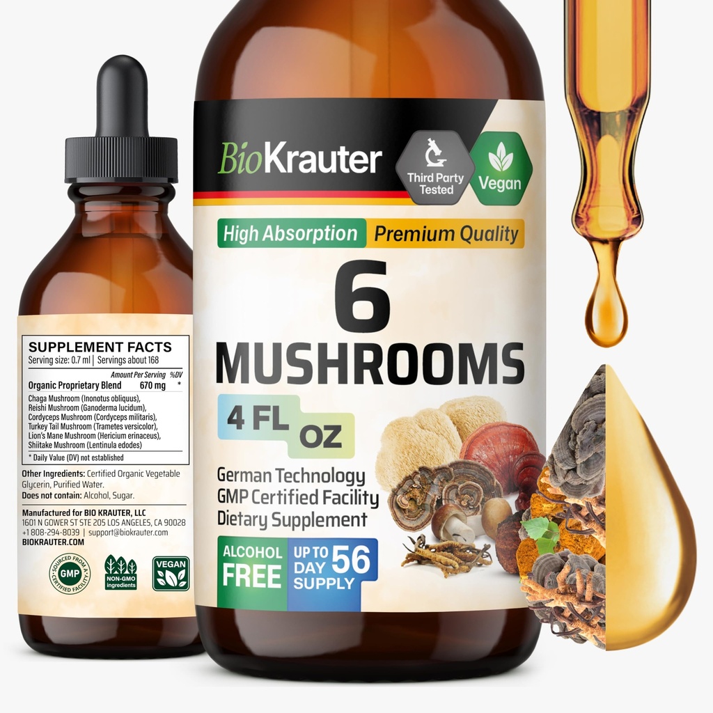 BIO KRAUTER 6 蘑菇增产6-in-1 - Lions Mane,Shiitake, Turkey Tail, Cordyceps, Reishi & Chaga 液体提取器 - 蘑菇复合丁香 - Vegan Drops 4 Fl.Oz.