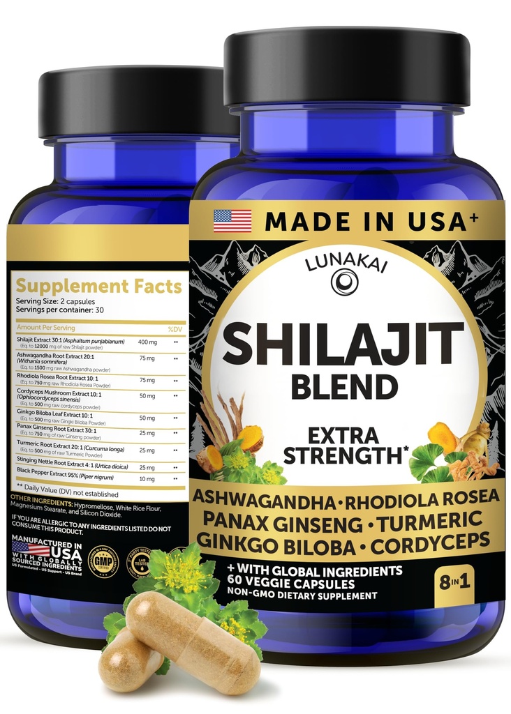 Lunakai 美国制造纯希拉吉特 Capsules 配有 Ashwagandha, Rhodiola & Cordyceps - 超强希拉吉特 男女提取, 60ct