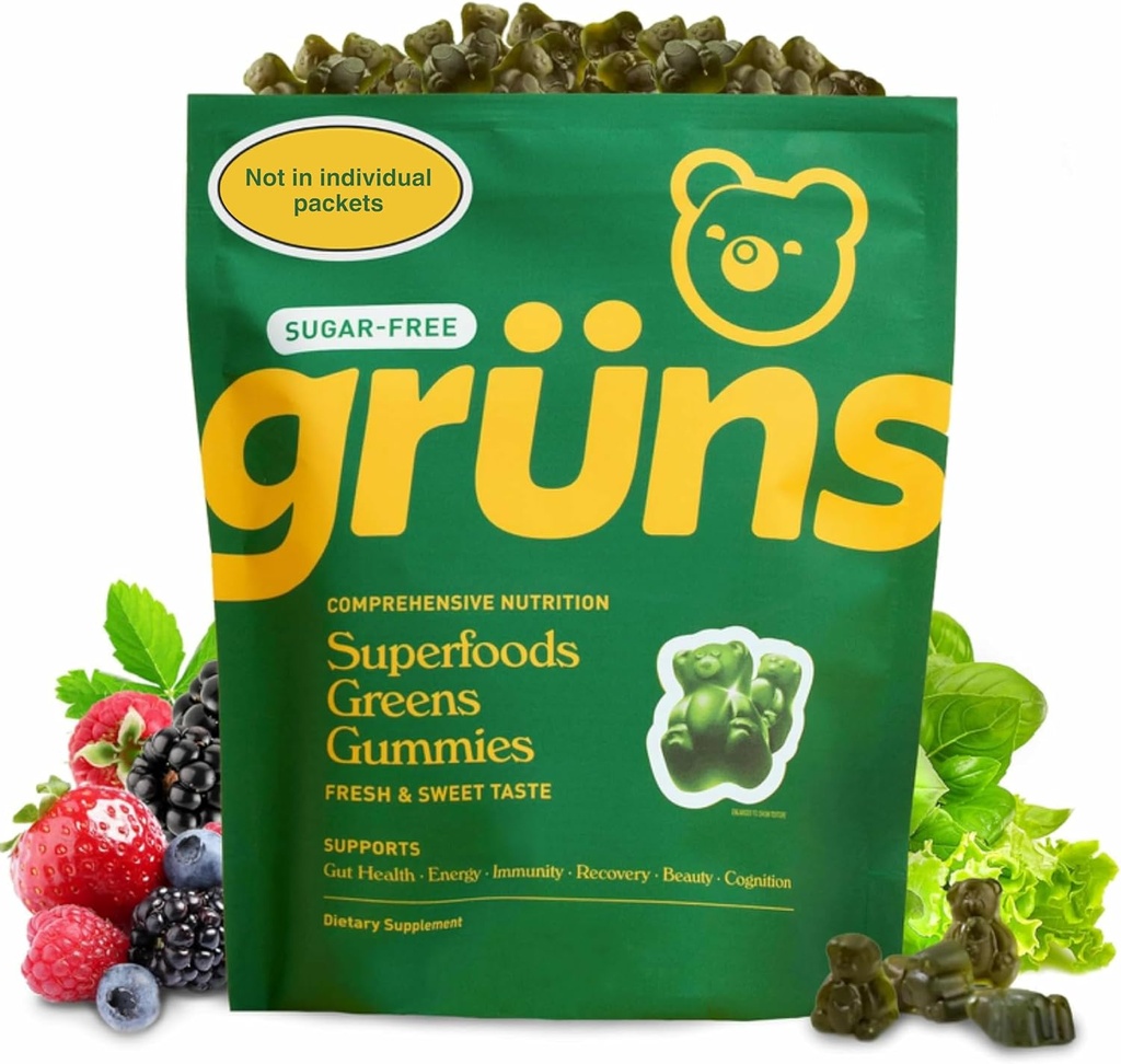 Gruns 成人无糖超级绿地(Gummys) - 配有Spirulina的超食品Gummy熊,Chlorella,Fiber & Prebiotics for Digestive Health, 配有20种维生素和矿物的适配体补充剂,2周供应.